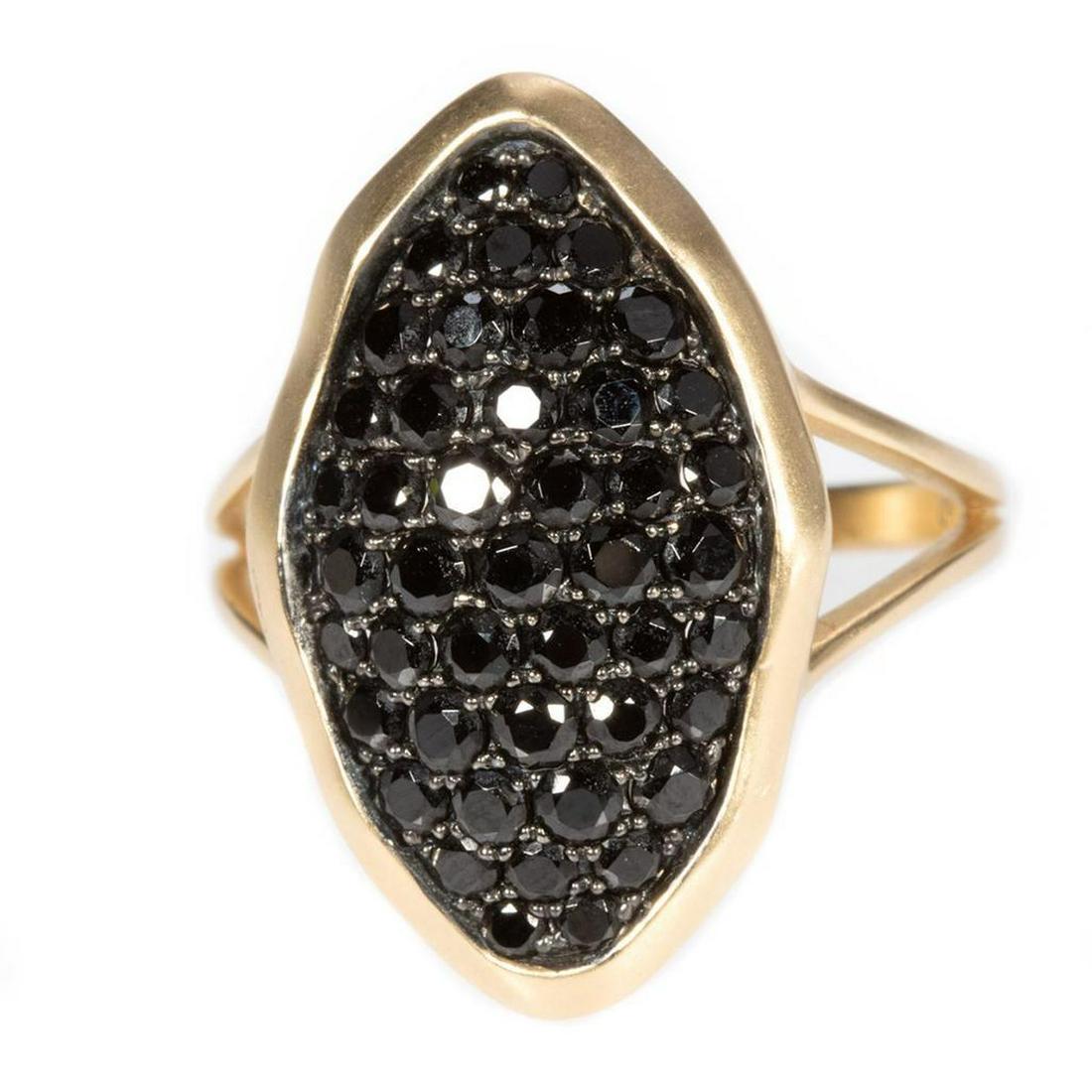 Black spinel and 14k gold ring: the navette shaped ring set with round-cut black spinels; weighing 4.0 grams; size: 8