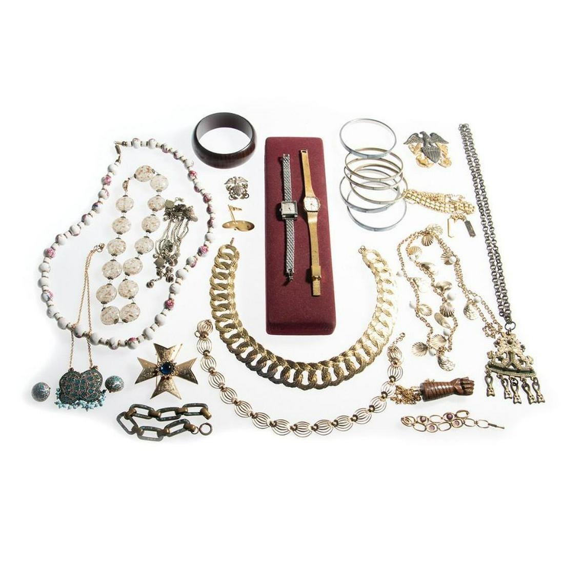 Collection of costume jewelry & watches: 44 pieces, including watches by Jules Jurgensen and Mathey Tissot