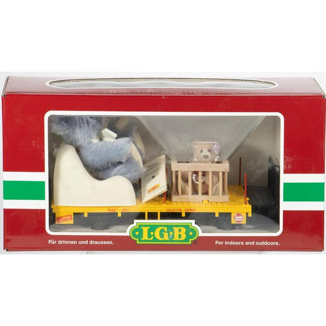 Steiff Teddy Bear 2001 Flat Car with Mom and Baby in: Steiff Teddy Bear 2001 Flat Car with Mom and Baby in Playpen LGB43140 New Old Stock