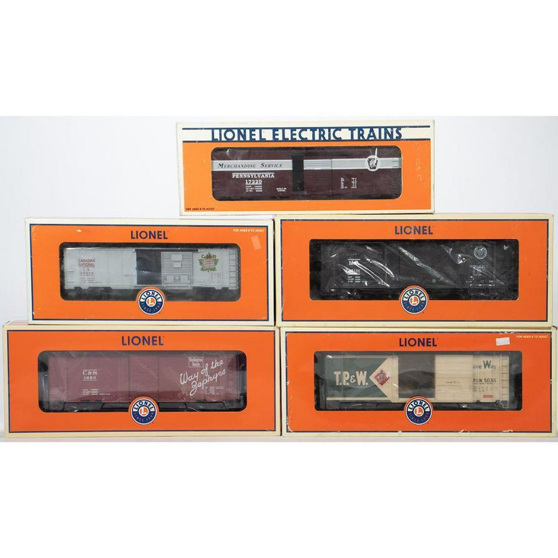 Lionel Box Cars. MP, CN, PRR, CB&Q, TP&W: 6-27247; New Old Stock; Missouri Pacific Double Sheathed Boxcar 6-36295; New Old Stock; Canadian National Boxcar 6-17220; New Old Stock; Pennsylvania Railroad Standard OÂ Merchandise Car 6-83568; New