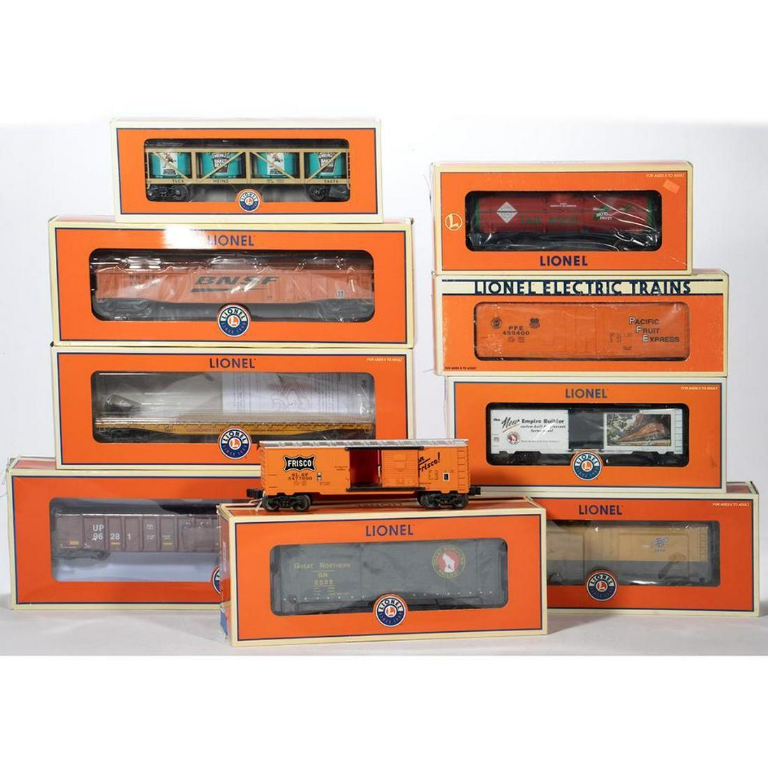 Lionel 10 New Old Stock Freight Cars: 6-17381; New Old Stock; North Western Steel Sided Refrigerator Car 6-17305; New Old Stock; Pacific Fruit Express Reefer (box is faded) 6-29952;New Old Stock; Great Northern Railroad Art Boxcar 6-83564