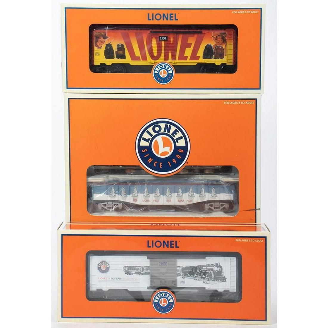 Lionel Toy Fair, Lionel Art Box Cars & Christmas: 6-29937; New Old Stock; 2006 Toy Fair Boxcar 6-29951; New Old Stock; Lionel Art Boxcar 6-26061; New Old Stock; Lionelville Christmas Gondola with Trees