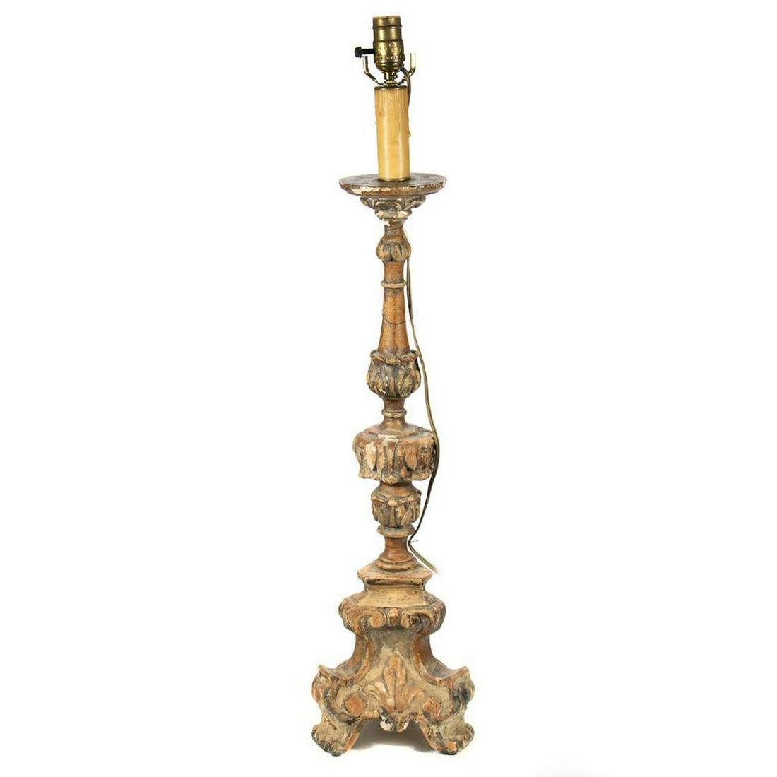 Italian Baroque Pricket Stick: Now with modern fittings. Height to fitting 27in. Condition: with loss to high points of carvind, gilding worn.