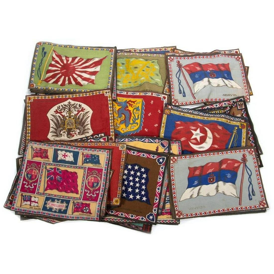 Sixty (60) Antique Tobacco Felts: A collection of approximately sixty, flags of many nations, including Ireland, Burmah, Persia, China. 11in. X 7 1/2in. First quarter 20th century