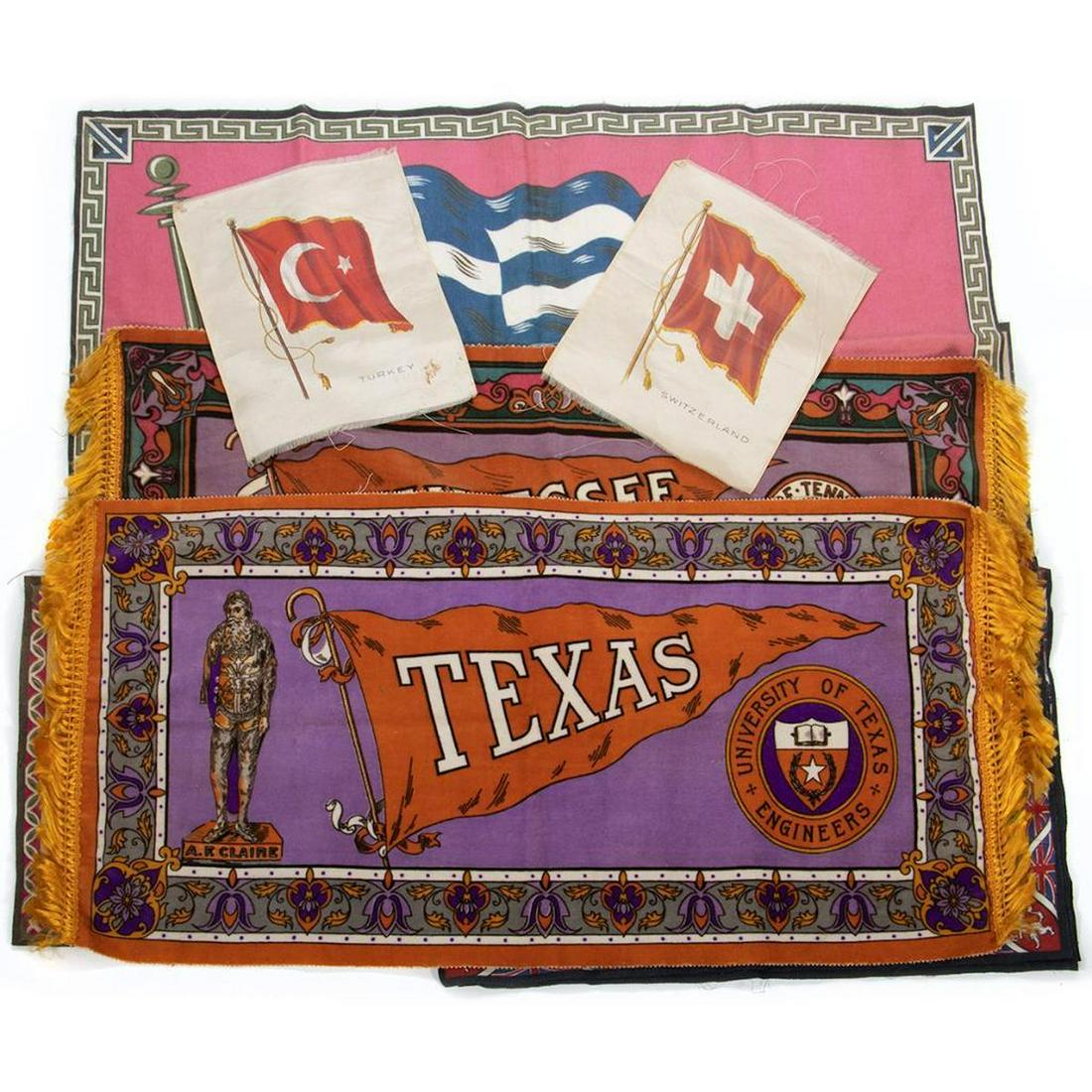 Antique Tobacco Felts & Silks: A Collection of two silk flags of Switzerland and Turkey, 9in. X 7in. And eight felt flags, including Italy and Great Britain, Greece & U.S.A. Greatest dimensions: 26in. X16in. And two College Banners