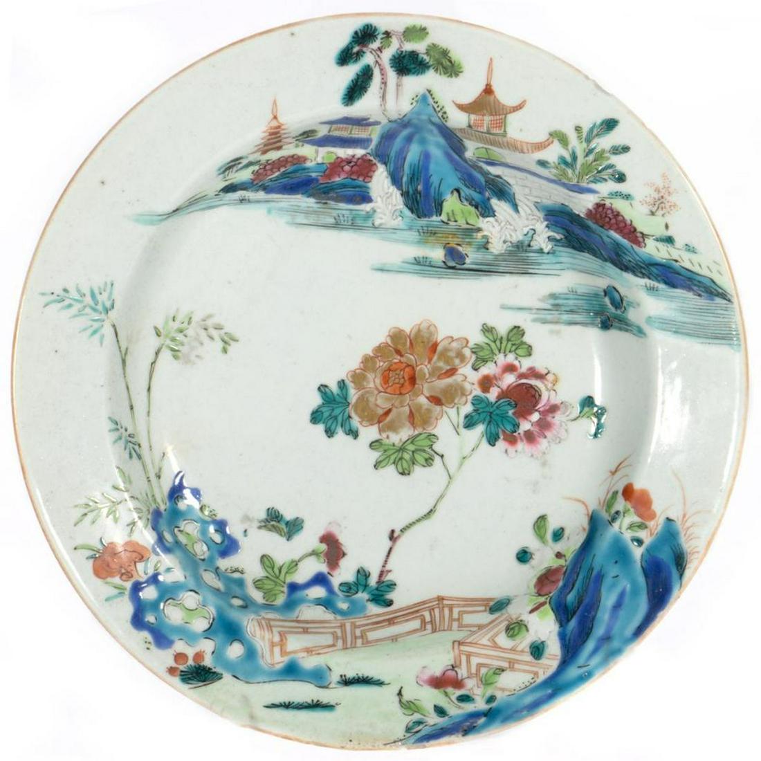 19th Century Chinese Shallow Bowl: Chinese hand-painted shallow porcelain bowl, 19th century. decorated with pagoda garden scenes in reds, blues, and greens, gilt on a bluish eggshell ground. Unmarked. Size: 1 1/2" H x 9 14/16" D Good 