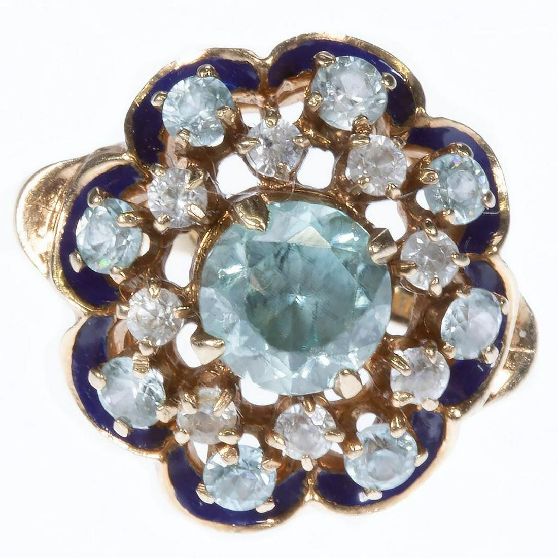 Vintage zircon, enamel and 10k gold ring: centering a round-cut blue zircon weighing an estimated 1.60cts, with smaller white and blue zircon surrounds; gross weight approximately 6.7 grams; size: 4 1/4+ (zircon heavily abraded)