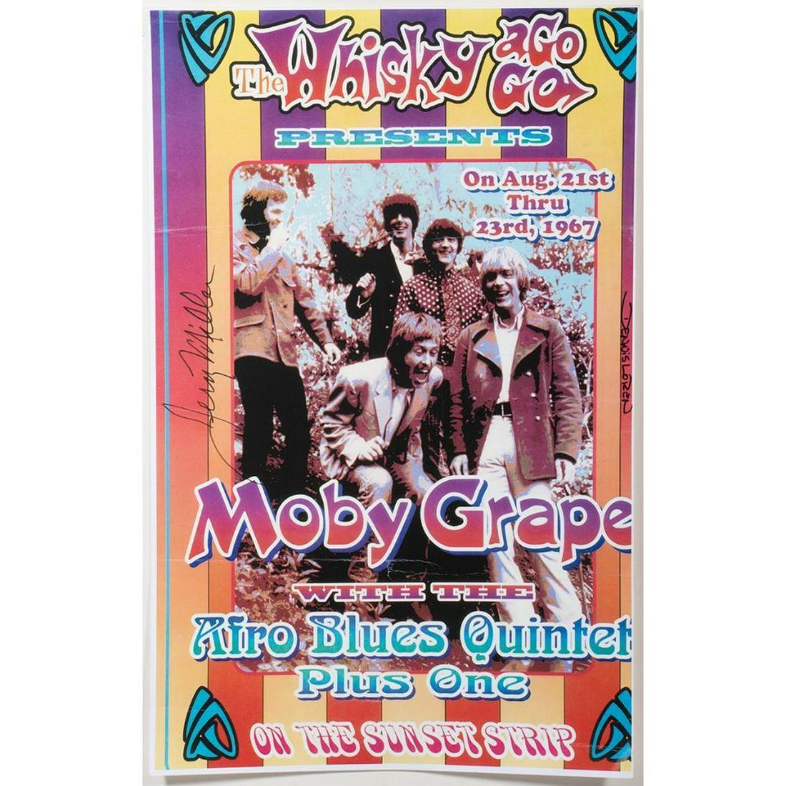 The Whiskey a GoGo Poster: Presents Moby Grape with the Afro Blues Quintet. August 21-23, 1967. Signed by Jerry Miller. Offset color lithograph. 17 x 11 inches. Condition: Very Good, light horizontal creases, light soiling.