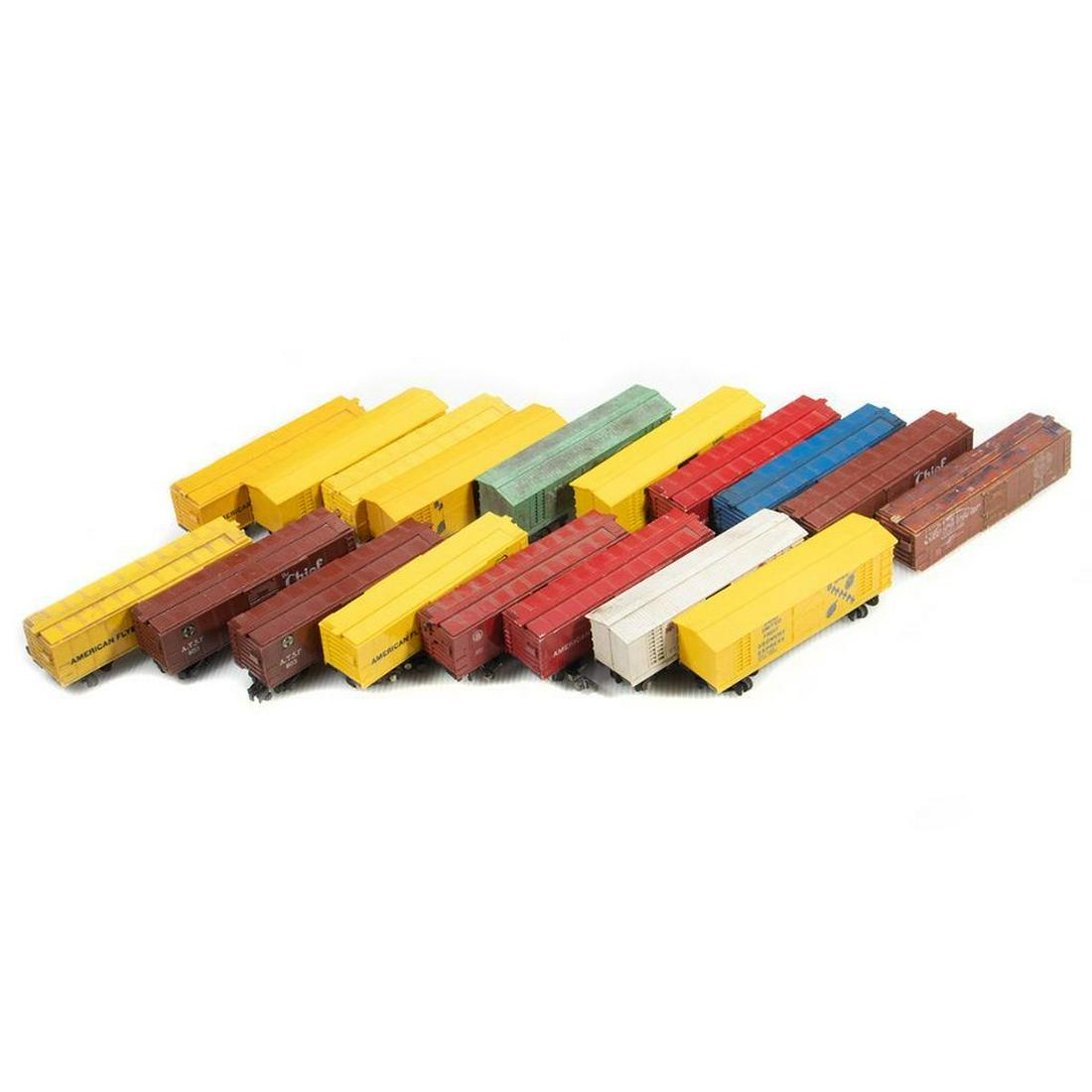American Flyer S Gauge Box Cars: UsedBox Cars: 24058 Post, roof walk ends broken, PikeMaster trucks - one held on with screw. plastic finish yellowed; 24058 Post, one roof walk end broken, chassis is rusty, no trucks; 803 Santa Fe, r