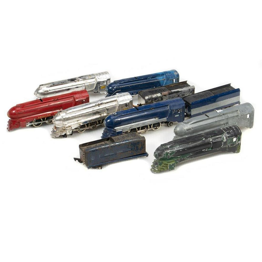 American Flyer S Gauge Royal Blue, Circus, Silver: UsedRoyal Blue Pacific type locomotives and tenders: 356 Silver Bullet, chrome rough, rust on tender, decals shot, lead and trailing trucks present, valve gear present, rust in mechanism, dirty; 350 R