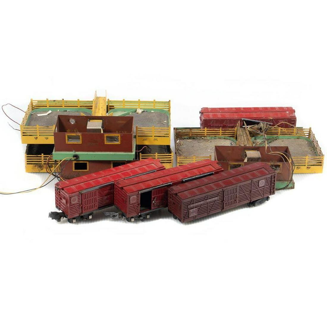 American Flyer S Gauge Stock Yards and Cars: UsedStock Yard, rusty four rail, no roof, bent, no windows Stock Yard, rusty four rail, no roof, bent, no windows Stock Yard, four rail, no roof, no windows 736used736 Missouri Pacific cattle car, mis