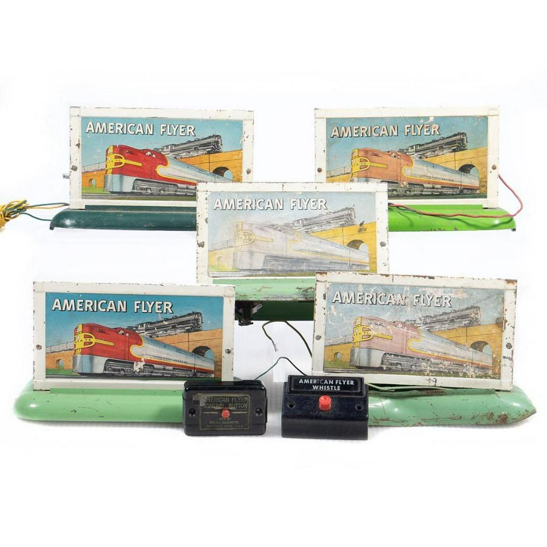 American Flyer S Gauge Whistling Billboards/Parts: 566UsedWhistle with Santa Fe Diesel on billboard - scratch in image, paint scratches, push button present 566UsedWhistle with Santa Fe Diesel on billboard - base is bent, billboard is faded and heavil