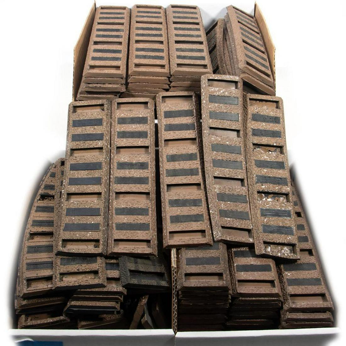 American Flyer S Gauge Rubber Roadbed: 727UsedCurved Rubber Roadbed. Early Gray with the AMERICAN FLIER€Â misprint (5) pieces. Later Gray with misprint fixed (2) pieces. Some nail holes, All overpainted with brown paint. 727UsedCurve