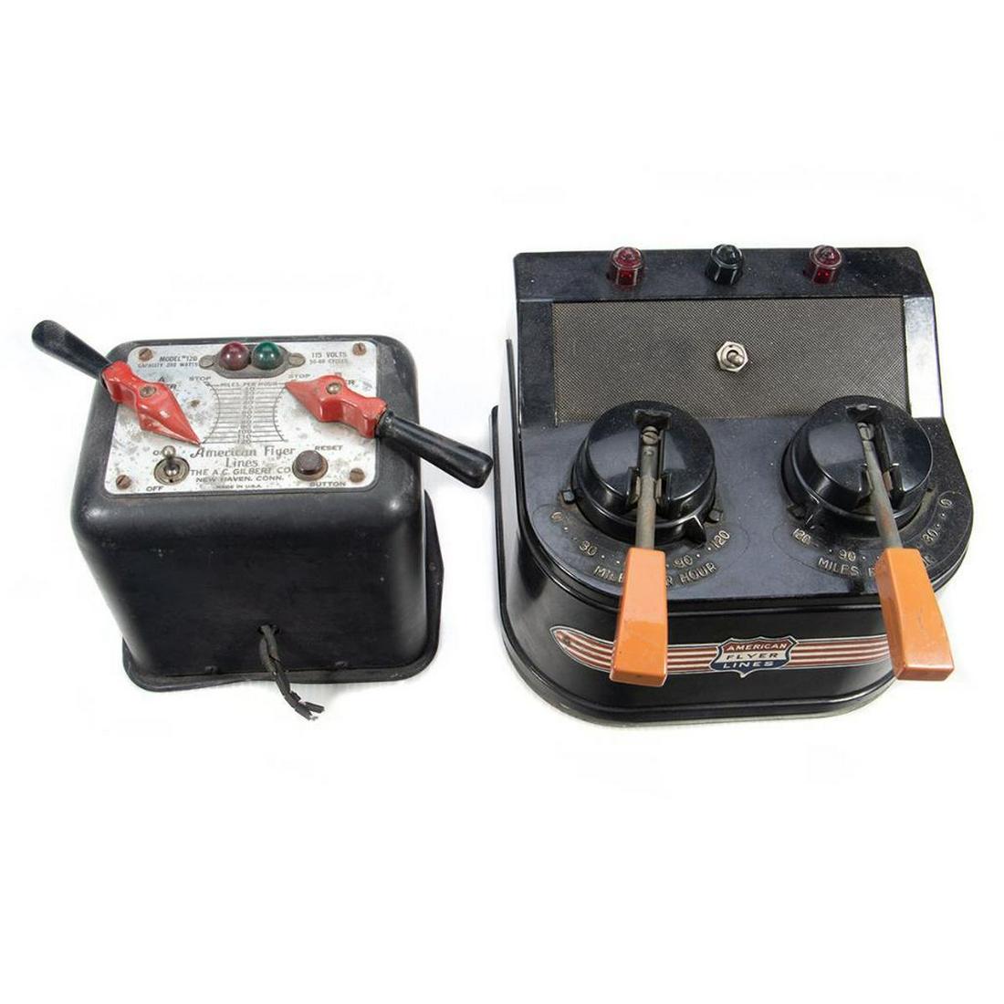 American Flyer Dual Control Transformers: 12BUsed250 Watt Dual Control Transformer. Dirty, cord has been cut off, base is bent, both handles, power and breaker lenses present, some rust, all terminal knurled nuts present. 18BUsed190 Watt Dual