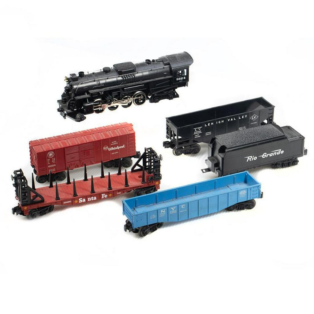 Lionel 2-8-4 Locomotive and Tender with sound plus: 8624Used2-8-4 Die Cast Locomotive with engineer in cab. UsedDie Cast tender with sound unit 6162UsedBlue New York Central Gondola. Trucks and couplers intact. 6076UsedBlack Lehigh Valley Hopper. Truck