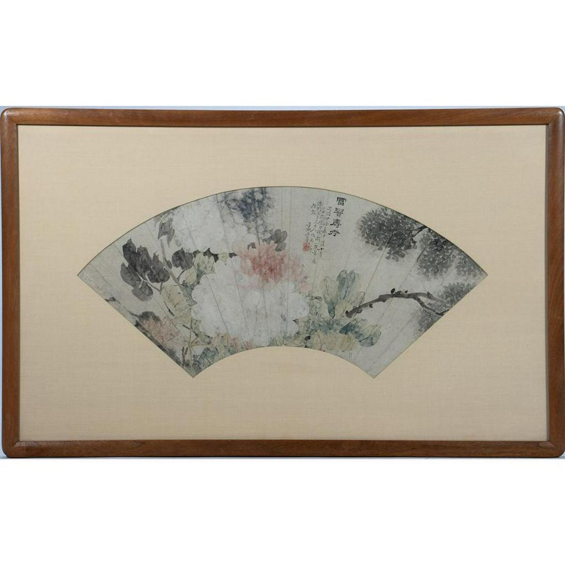 Wang Lun (Tzu Ho), 19th Century: Folding fan of peonies mounted as an album leaf; ink and colors on paper. Framed with cream silk matte. 7 1/2" x 19" (sight); 16" x 26" (frame).