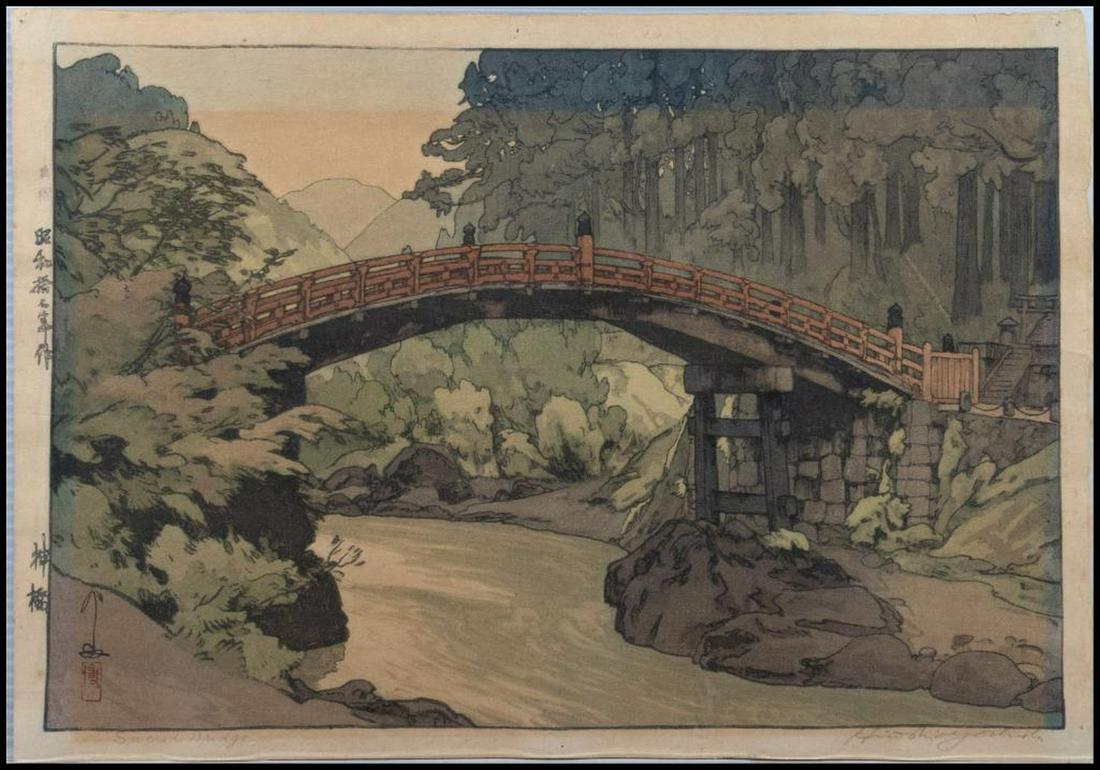 Hiroshi Yoshida (Japanese, 1876-1950): Title: "Sacred Bridge." Medium: Woodblock print. Signed: Pencil signature l/r. Size: 10 3/4" x 15 5/8" (sheet/unframed). Condition: Very toned/faded; 3 pinholes top margin.