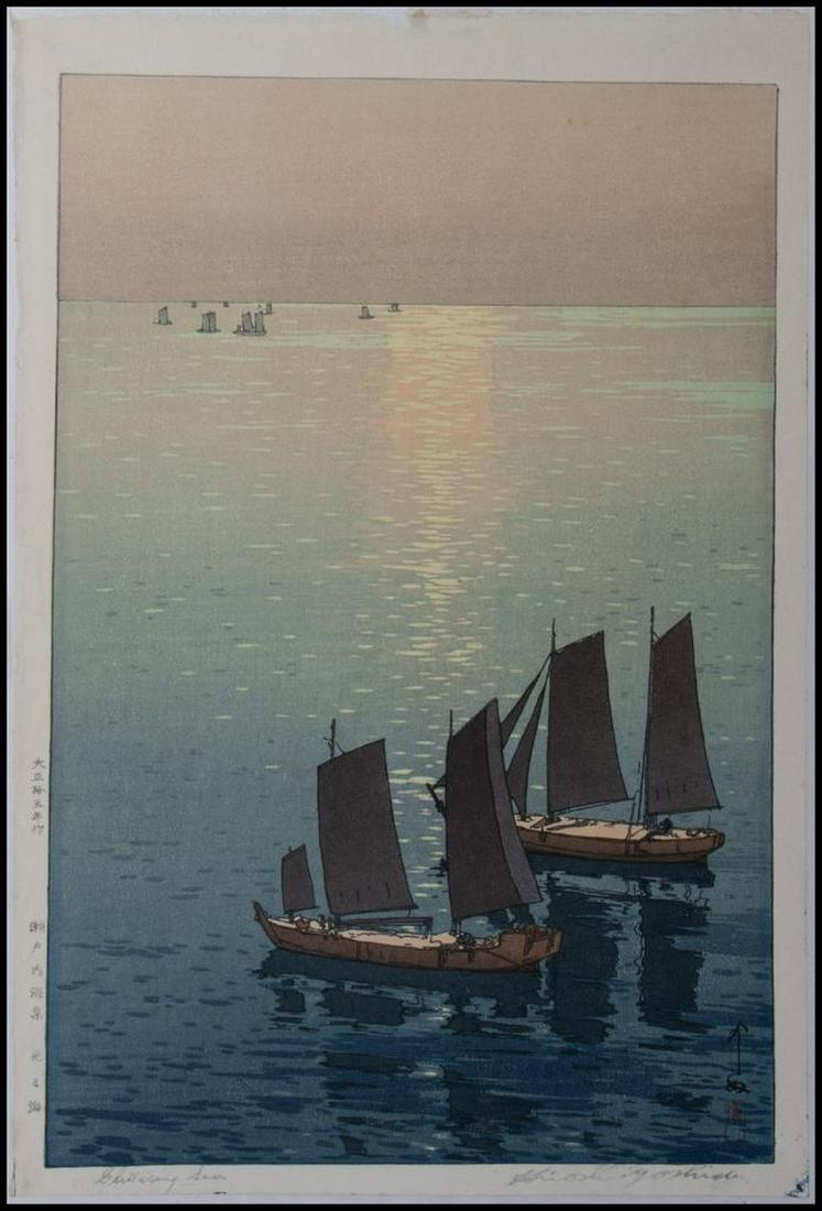 Hiroshi Yoshida (1876-1950): Title: "Glittering Sea." Medium: Woodblock print. Signed: Block signature l/r. Size: 16" x 10 1/2" (sheet/unframed). Condition: Laid down on paper.