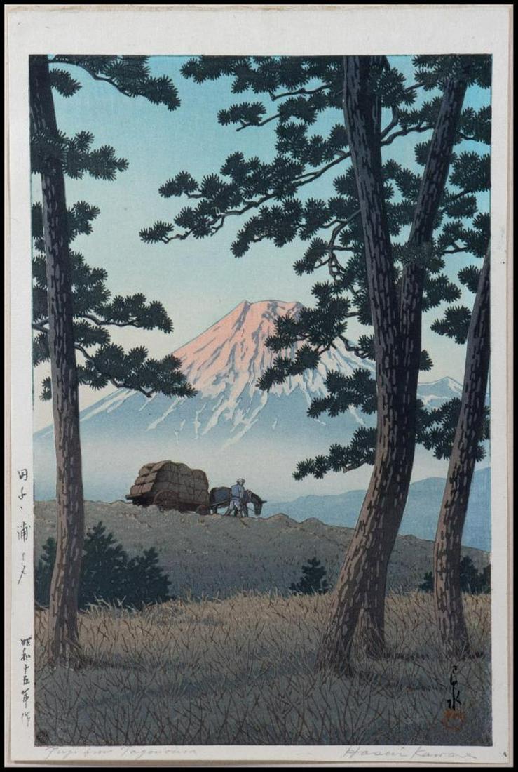 Hasui Kawase (Japanese, 1883-1957): Title: "Fuki from Tagonoura." Signed: Pencil signature l/r. Size: 15 1/2" x 10 1/2". Condition: Tipped-on to board (17 3/4" x 13").