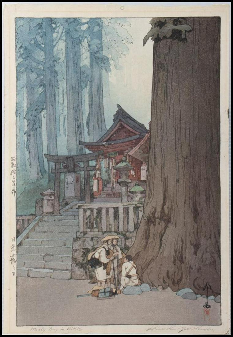 Hiroshi Yoshida (1876-1950): Title: "Misty Day in Nikko." Medium: Woodblock print. Signed: Blocked signature l/r. Size: 16" x 10 3/3" (sheet/unframed). Condition: Some toning, fading.