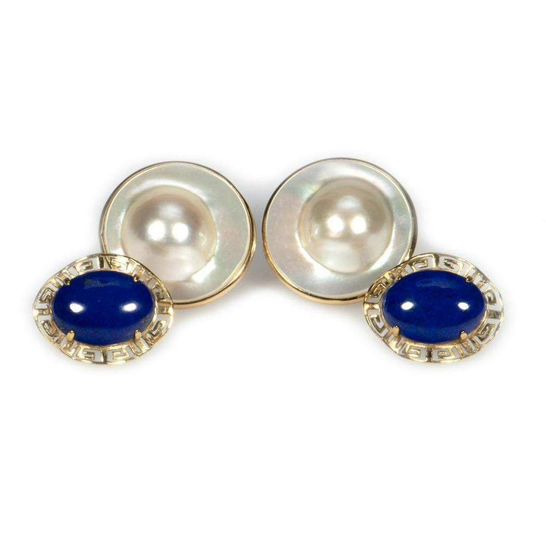 Two 14k gold, lapis & mabe cultured pearl earrings (1 of 6)