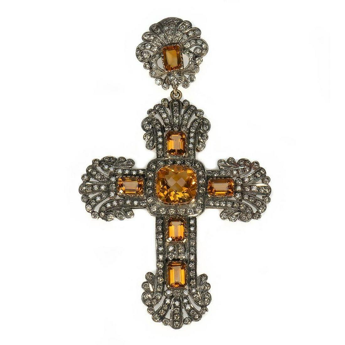 Citrine, diamond, silver-topped 18k gold cross pendant (1 of 2)