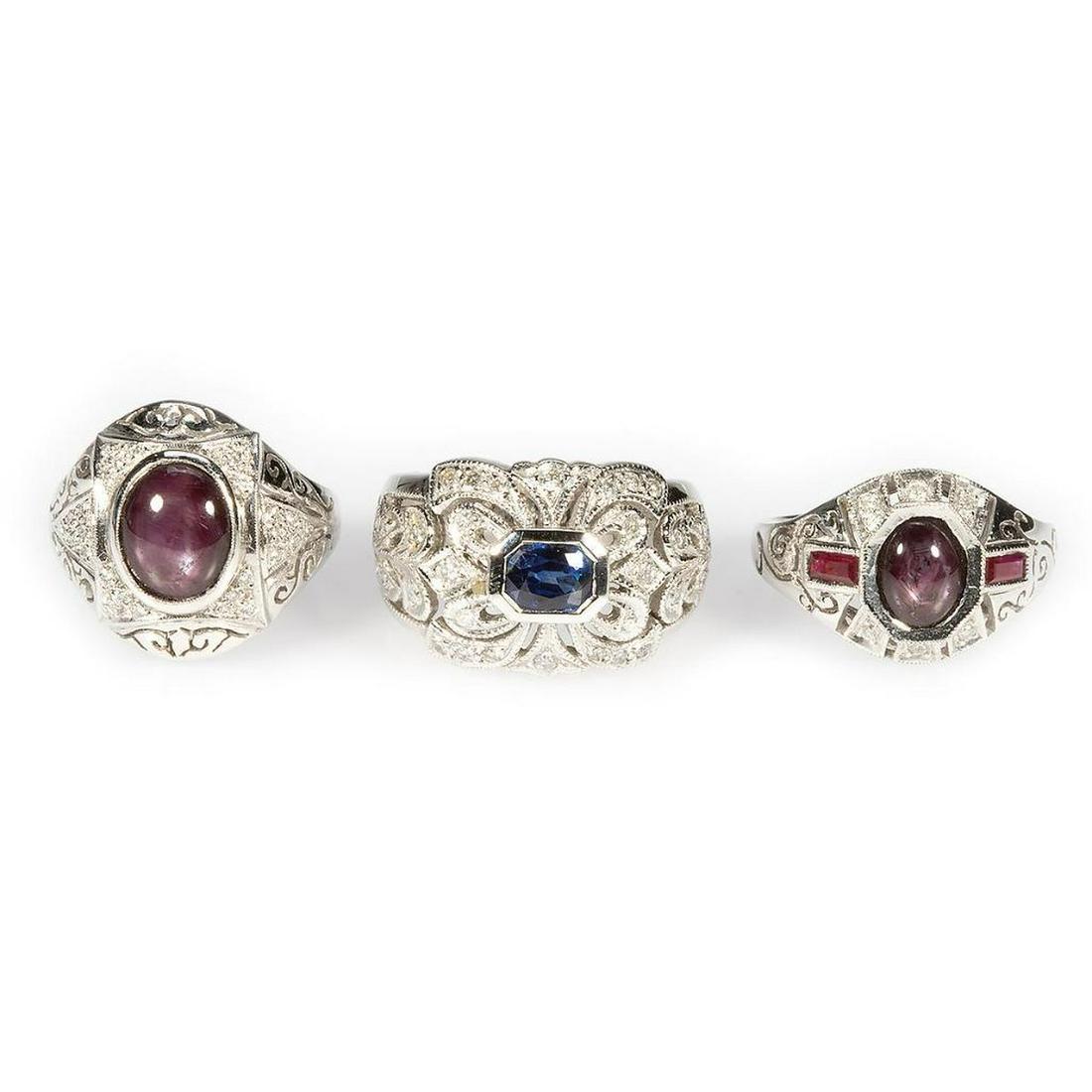 Three gem-set, diamond and 18k white gold rings (1 of 5)