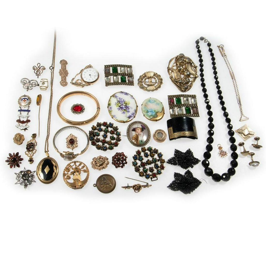 Collection of antique, costume & gold-filled jewelry: 50+ pieces including rhinestone, garnet, glass, beads, paste, mother-of-pearl; together with Waltham and Gruen watches (some items broken/damaged)