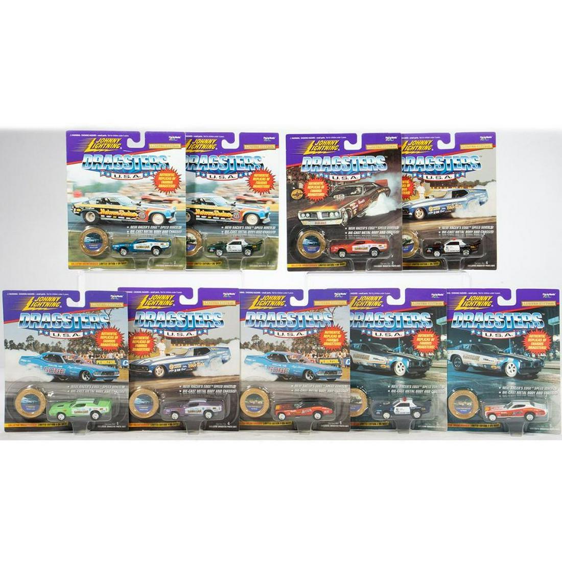 (18) Johnny Lightning Dragsters: LAPD Racing Team; '71 Hawaiian; '72 Chi-Town Hustler. On original (1 of 8)