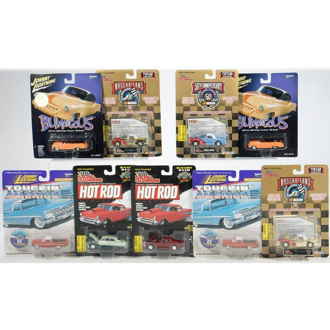 (11) Johnny Lightning cars. Top Fuel Legend, Nascar Fans, Racing Champions Hot Rods, Truckin': Johnny Lightning Top Fuel Legends: Tony Nancy Season 1972 Nascar Fans: Issue #5 Banes Motor 53. White/gold/red. Limited Edition #06788. 1 of 9,998. Issue #5 Banes Motor 53. White/blue/red. Limited Edi