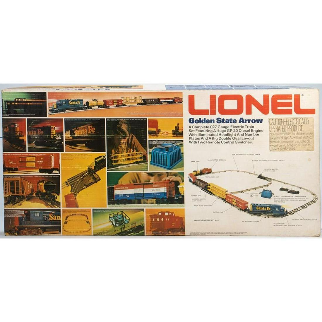 Lionel 6-1388 Golden State Arrow Set with Santa Fe Diesel Locomotive: Lionel 6-1388 Golden State Arrow Set. 8352 Santa Fe Diesel Locomotive, 9111 Norfolk and Western Hopper - brake wheel is off the car but in the box, 9707 MKT Stock Car, 9152 Shell tank car, 9126 C&O Au