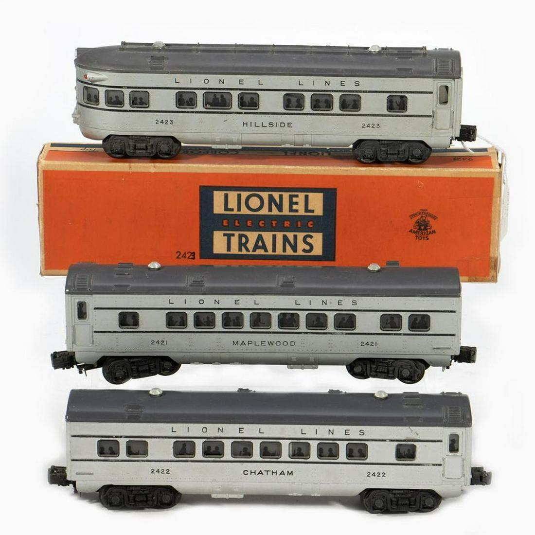 Lionel Postwar Passenger Cars: 2421, 2422, 2423 - Silver with gray roof. 2421 has box with number (1 of 3)