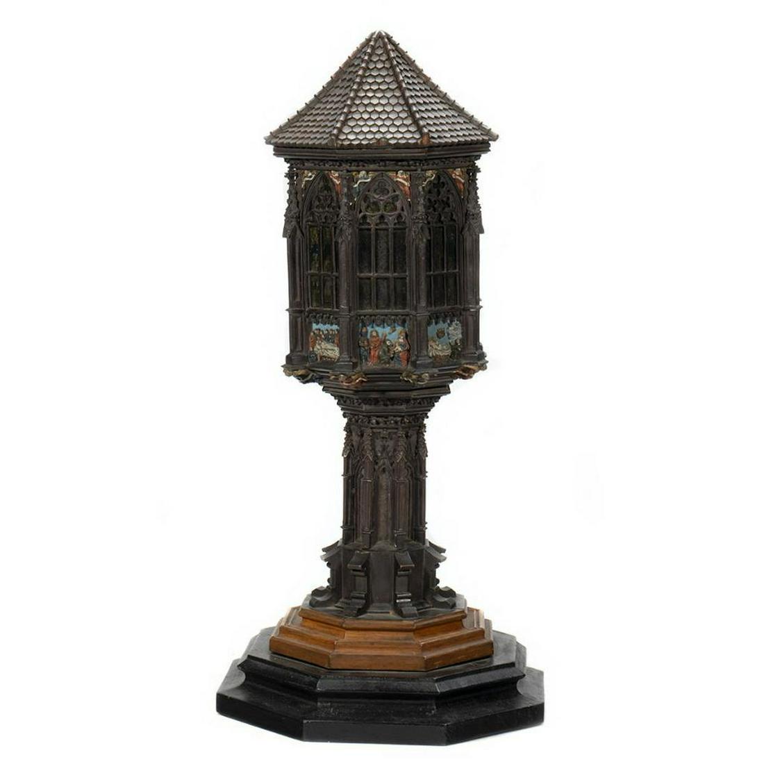 Gothic Revival Reliquary Tower: The door opening to stained glass scenes of the Passion of Christ. 18in. h. 9in. diameter at base.