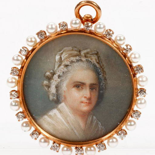 Victorian Gem Set & 14k Gold Painted Portrait Brooch