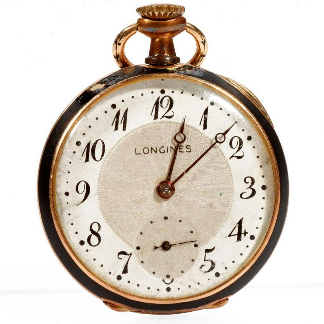 Longines 14k gold ladies openface pocketwatch: with black enamel, 17j, AW, case #1553188, gross weight approximately 17.1 grams; diameter: 29mm (minor loss to enamel)