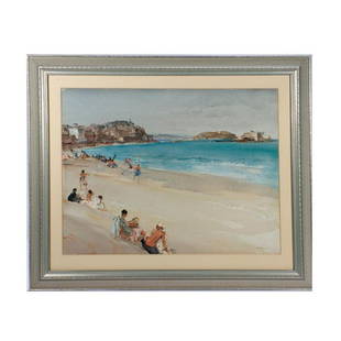 William Russell Flint (1880 - 1969): Artist: William Russell (Sir William) Flint (1880 - 1969) Title: The Beach At St. Malo Size: (Sight) 19 1/4" x 25 3/4" Year Created: Signature: Signed Lower right Medium/Ground: Watercolor on paper