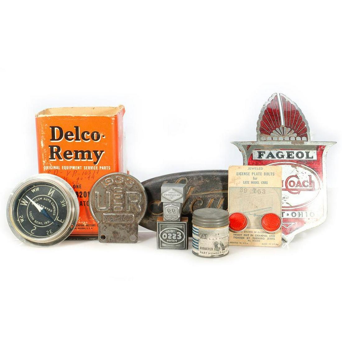 Stewart Truck badge, Fageol Twin Coach badge, 1903 Colorado license tag. Misc antique auto items. (1 of 3)