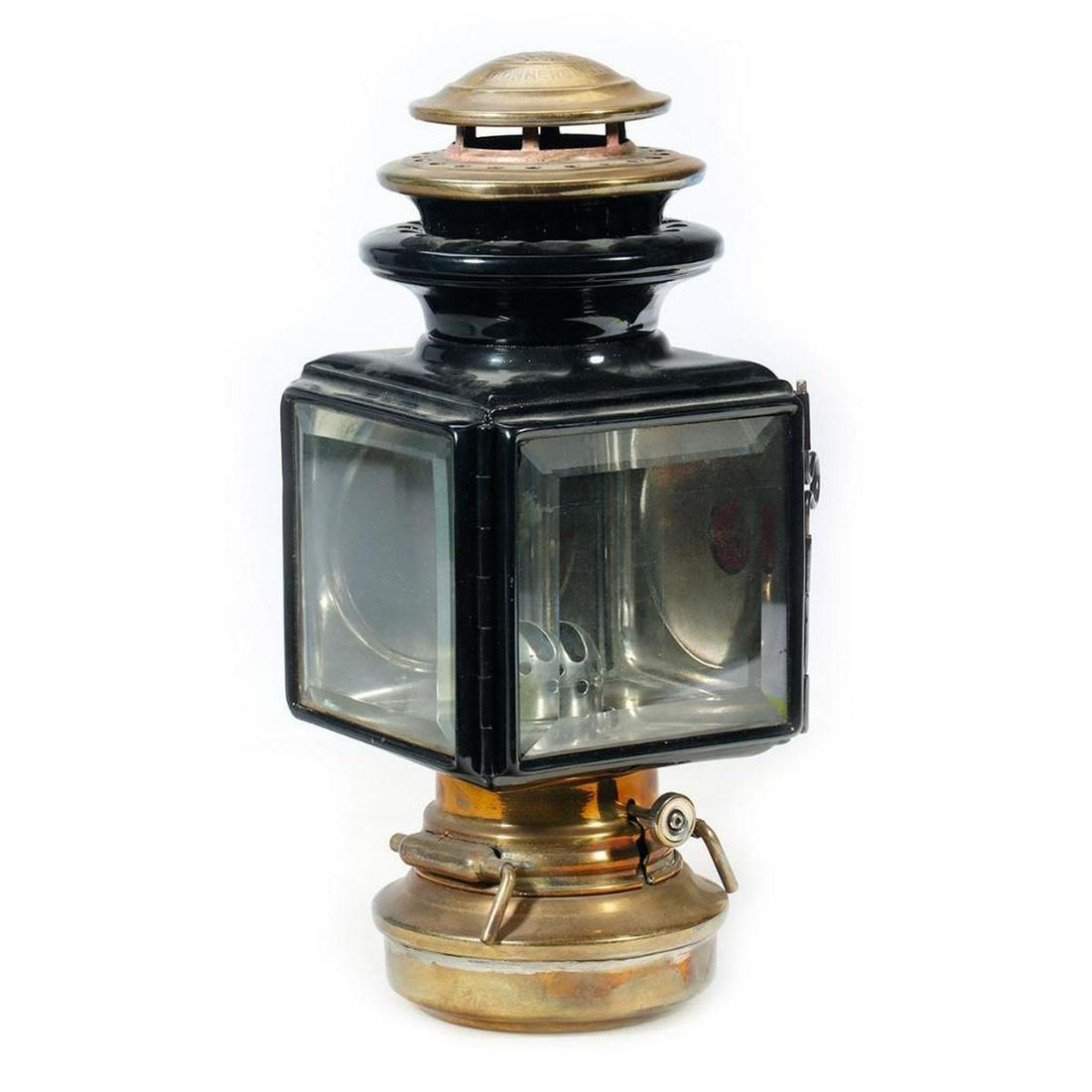 Indiana Lamp Company No. 2 Antique Automobile Lamp: Indiana Lamp Company, Connersville, Indiana. No. 2 Antique Automobile Lamp with IH embossed on top. Brass and painted black. Two square beveled glass lenses and 1 inch red lens.