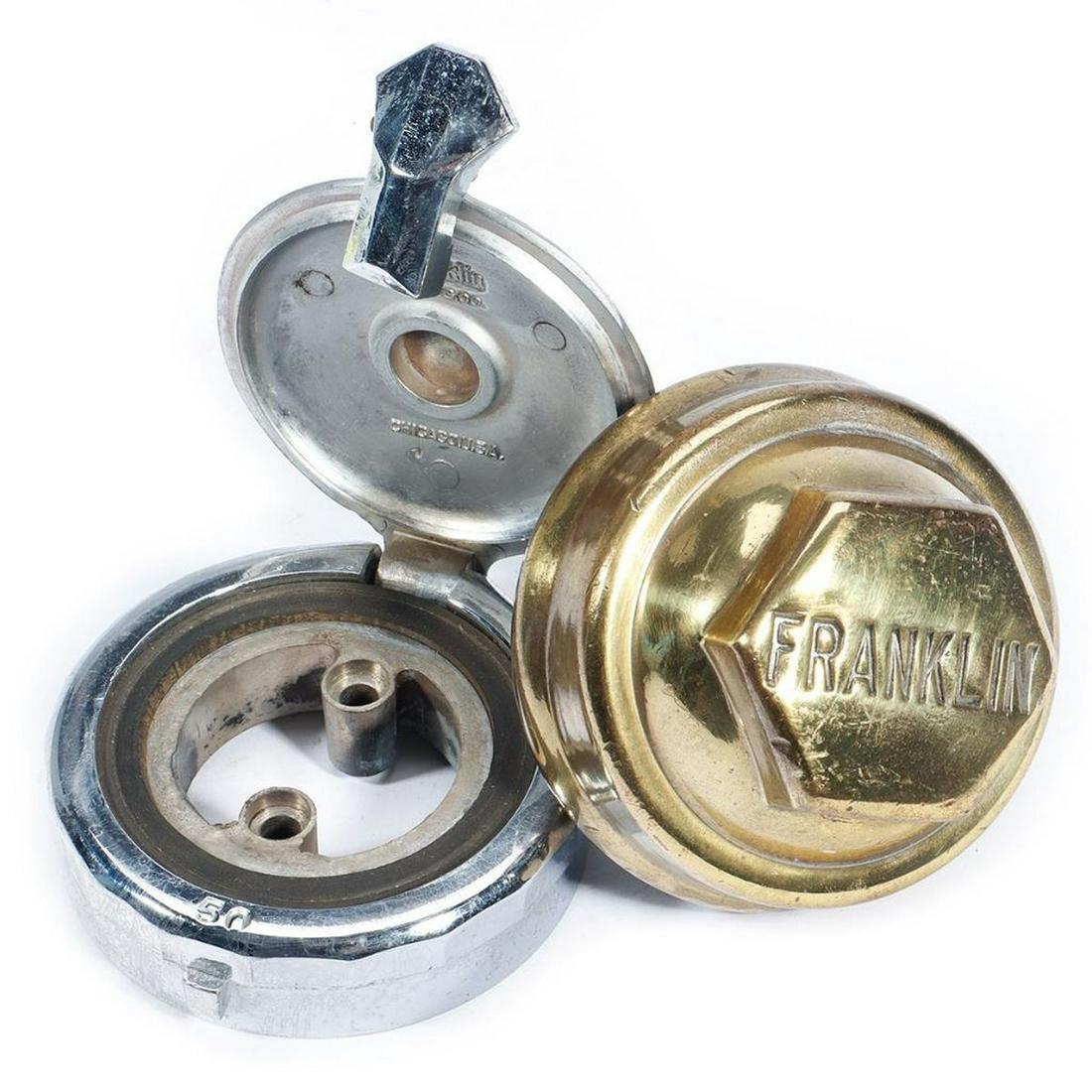 Brass Radiator Cap with "FRANKLIN" Engraved on top, Chromed Hinged Radiator Cap with "Franklin MFG.: Brass radiator cap with "FRANKLIN" on the top of the hex "nut". Has wear and tear from use. Chromed flip top radiator cap with "Franklin MFG Co" in raised letters under the hinged top. Has wear and te