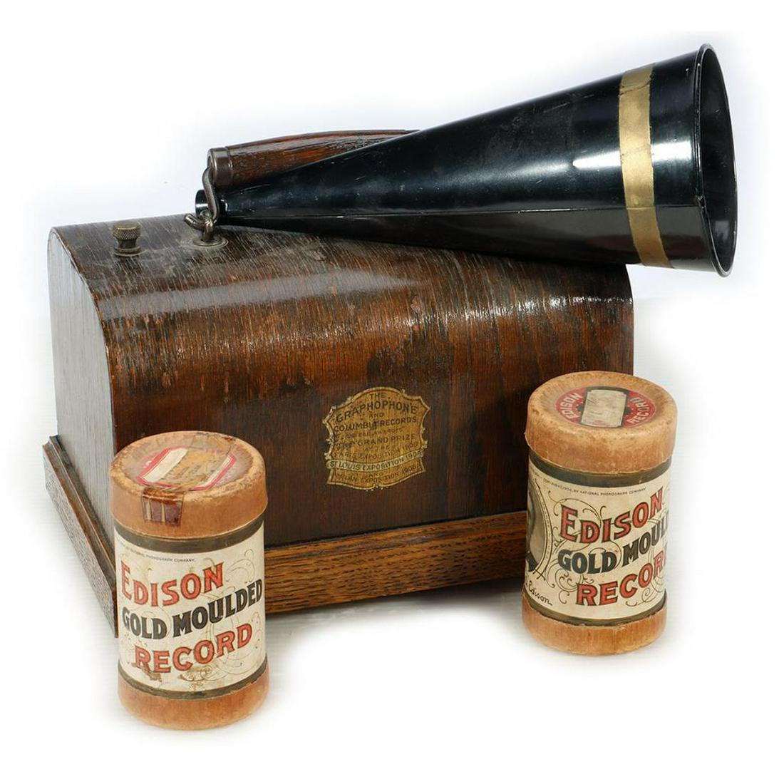 Coluumbia Graphophone with cone and two cylinders and tin of needles: Columbia Graphophone with cone and two cylinders and tin of Victrola Tungs-Tone Needles