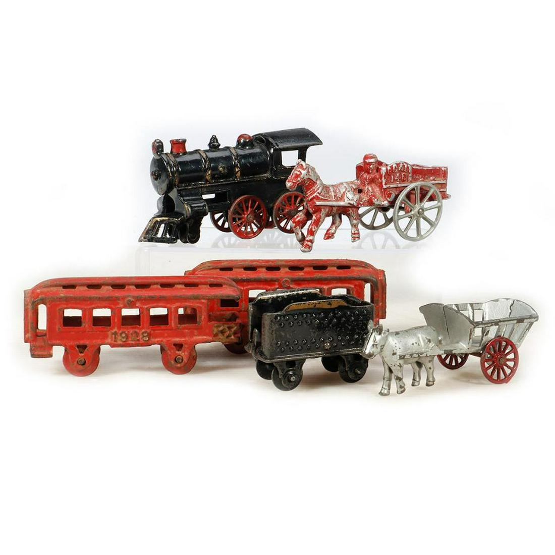 Cast Iron Toys. 4 piece train, ox pulled cart. Aluminum? horse and cart labeled COAL 140 (1 of 5)