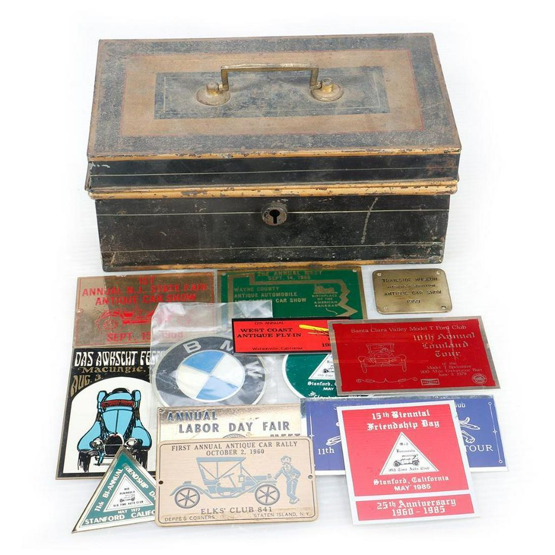 Miscellaneous Award Badges and Ribbons in a tin box.: Miscellaneous Award Badges and Ribbons in a Tin Box. Tin Box approximately 10 x 5 x 3 inches. No key. Dusty. Some rust. 1. SCCA Races Arcata Airport Pit Pass Aug. 31 - Sept. 1, 1957. 2 1/2 x 6 inch ye