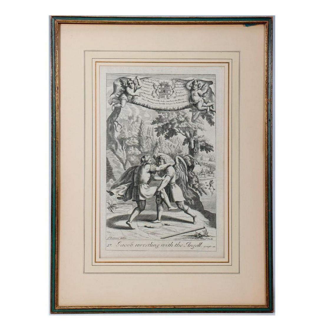 KIP, JAN (1653-1722).: Two-sided plate, c. 18th century. "Jacob wrestling with the Angell. Genesis 33"; printed by G. Freman and F. Van Hove. On reverse: "Dina, Genesis 34"; printed by G. Freman and T. Kip. 16 1/8in. x 9 7/