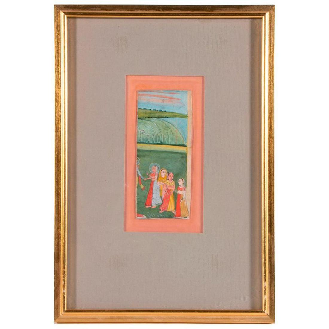Hand-painted Indian Miniature.: Frame: 12 ¾ inches high x 9. Paper size: 6 ¼ inches high x 3 ¼. Image: 5 ¼ inches high x 2 14. Medium: Hand painted on paper. Condition: Some fading with age, possible cut
