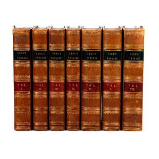 VOYAGES OF CAPTAIN JAMES COOK, 7 VOLS, 1809.: COOK, JAMES. The Voyages of Captain Cook Round the World. London: Printed for Richard Phillips, 1809. Vols. I-VII. 16mo (6 1/4in.). Half calf and marbled boards; gilt-decorated spines, black and red m