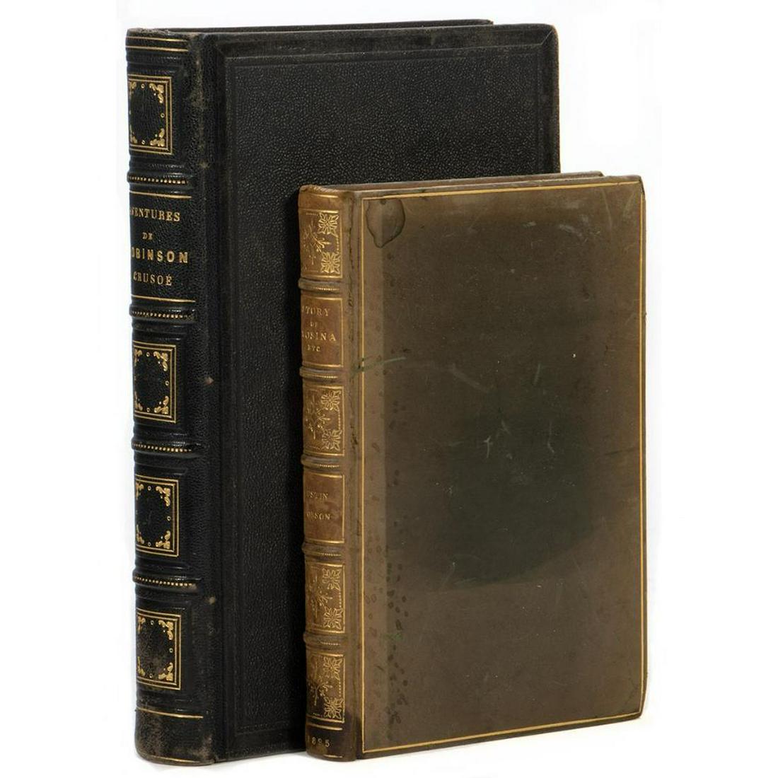 19th Century Gilt Vols (2)., incl. Robinson Crusoe.: Two volumes, one in French, one in English: 1. DEFOE, DANIEL. Adventures de Robinson Crusoe. Paris: Garnier Freres, 1853. 8vo. Gilt black leather spine, all edges gilt. Illustrations by J. J. Grandvil