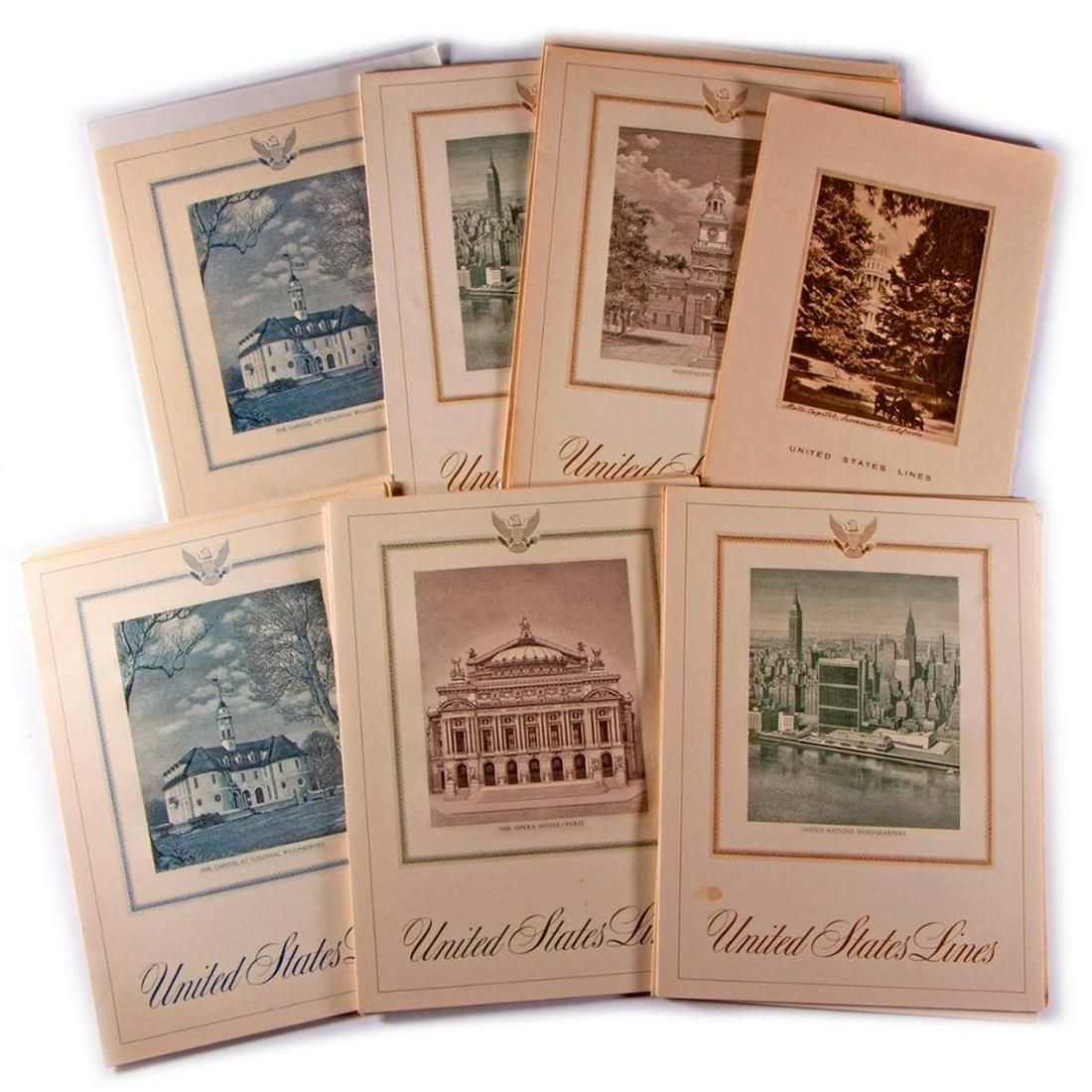 GROUP OF OCEAN LINER MENUS.: Comprising United States Lines cruise menus, early to late 1960s, and one 1940. Approximately 12+ designs, duplicates of some (but different years); total of 20 menus. Condition: Overall good, some to