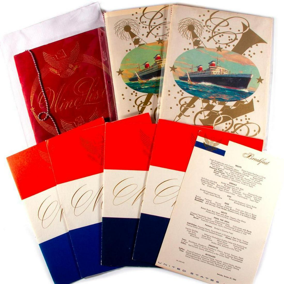 GROUP OF EIGHT OCEAN LINER MENUS (8).: Comprising United States Lines cruise menus, consisting of menus from 1956-1964, and an undated wine list. Condition: Some toning/soiling, but overall good.