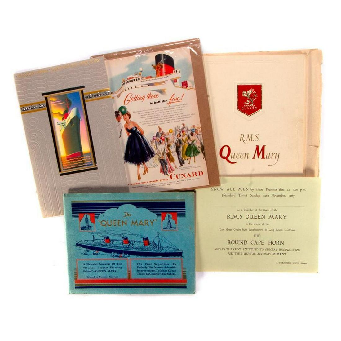 GROUP OF CUNARD LINES/QUEEN MARY EPHEMERA.: Miscellaneous grouping of Cunard Lines, Queen Mary ephemera, including guest books, graphic stateroom baggage label, two postcards, newspaper/magazine ads etc.