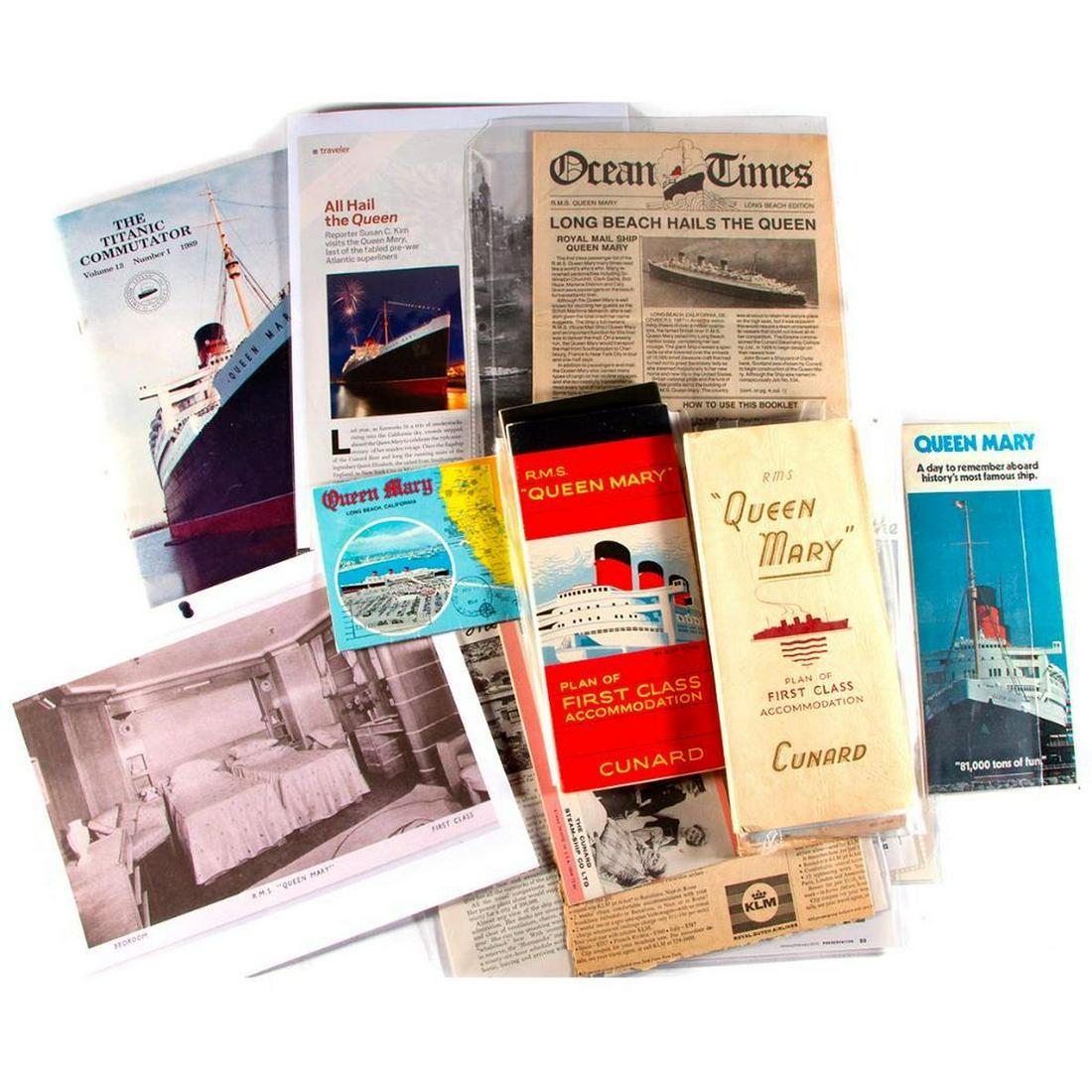 GROUP OF CUNARD LINES/QUEEN MARY EPHEMERA.: Miscellaneous grouping of ephemera, including passenger booklets/plans (c. 1940s and later), articles and advertisements, and a 1980s booklet. Approx. 16 pieces.